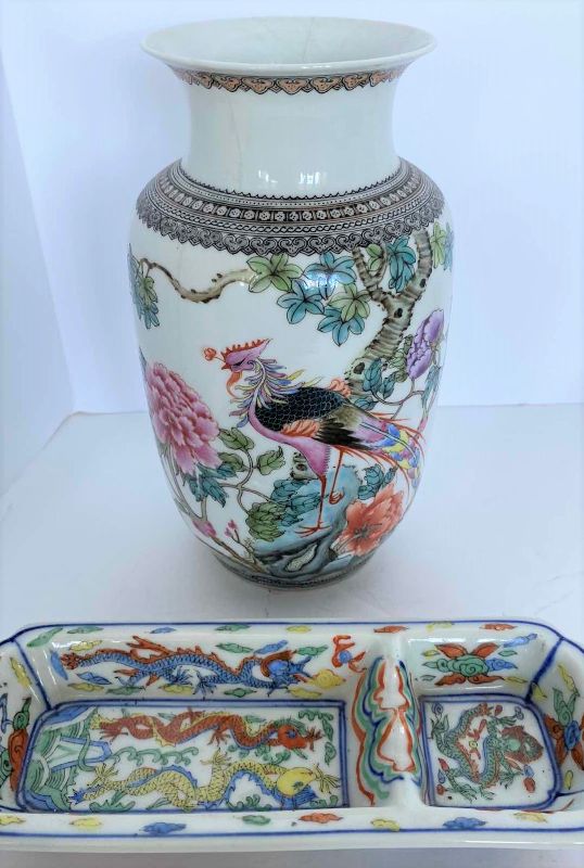 Photo 1 of VINTAGE CHINESE PORCELAIN VASE H8” AND DIVIDED DISH 8”