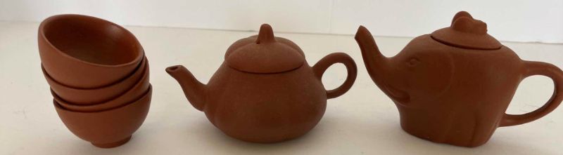 Photo 1 of PAIR OF VINTAGE CHINESE COLLECTIBLE CLAY TEA POTS WITH 4 TEA CUPS LARGEST TEAPOT 3.25“ x 2“