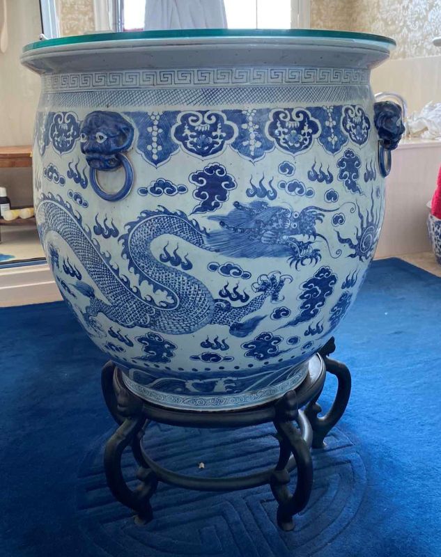 Photo 1 of LARGE PORCELAIN IMPERIAL BLUE DRAGON FISHBOWL PLANTER ON STAND, MEASURING 
24“ x 22“ without stand, GLASSTOP INCLUDED 