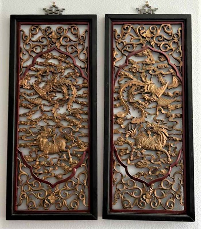 Photo 1 of 2 - VINTAGE ORNATELY CARVED WOOD AND LAQUER CHINESE PANELS
17“ x 1 1/2“ X H39 1/2"