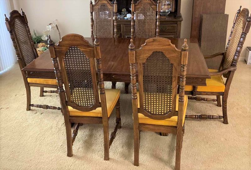 Photo 1 of ETHAN ALLEN DARK WOOD FORMAL DINING TABLE WITH 6 CHAIRS 68“ x 43 1/2“ x 29“ high INCLUDES 2 LEAFS 18” x 43 1/2” each