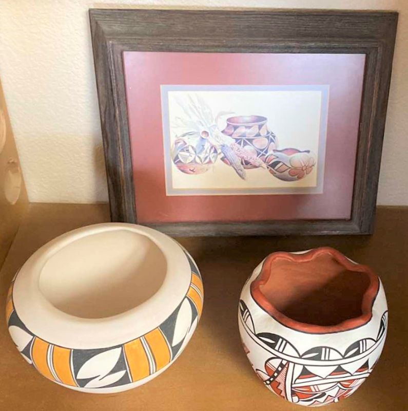 Photo 1 of FRAMED SECUNDINO SANDOVAL 12“ x 11“ ART REPRODUCTION AND PAIR OF NATIVE AMERICAN SIGNED POTTERY LARGEST 7” x 5”