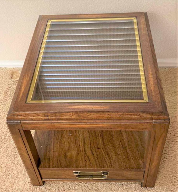 Photo 1 of WOOD END TABLE WITH GLASS TOP AND WOVEN INLAY 21“ x 26 1/2“ x 19 1/2“ high