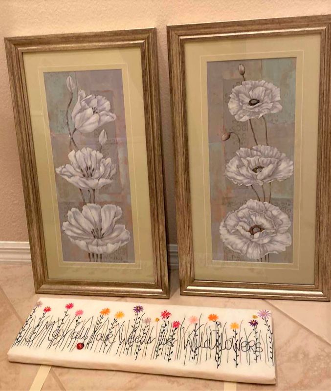 Photo 1 of PAIR OF FRAMED FLORAL ARTWORKS 14 1/2“ x 26 1/2“ AND FABRIC WALL DECOR