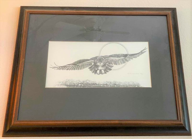 Photo 1 of Wood framed pencil owl drawing signed 1976 artwork 28“ x 23“