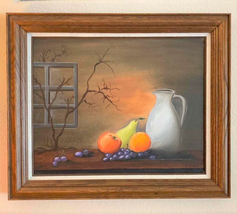Photo 1 of Wood framed canvas oil painting signed still life artwork 25“ x 21“
