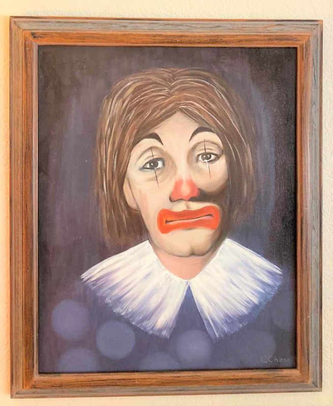 Photo 1 of Wood framed oil on canvas clown signed 19“ x 23“