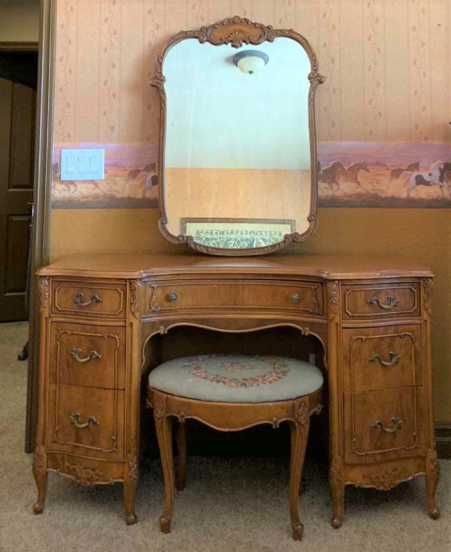 Photo 1 of ANTIQUE VANITY WITH ACANTHUS LEAF TRIM,  DOVETAIL CONSTRUCTION INCLUDES  MIRROR AND BENCH 50“ x 20“  H 30“