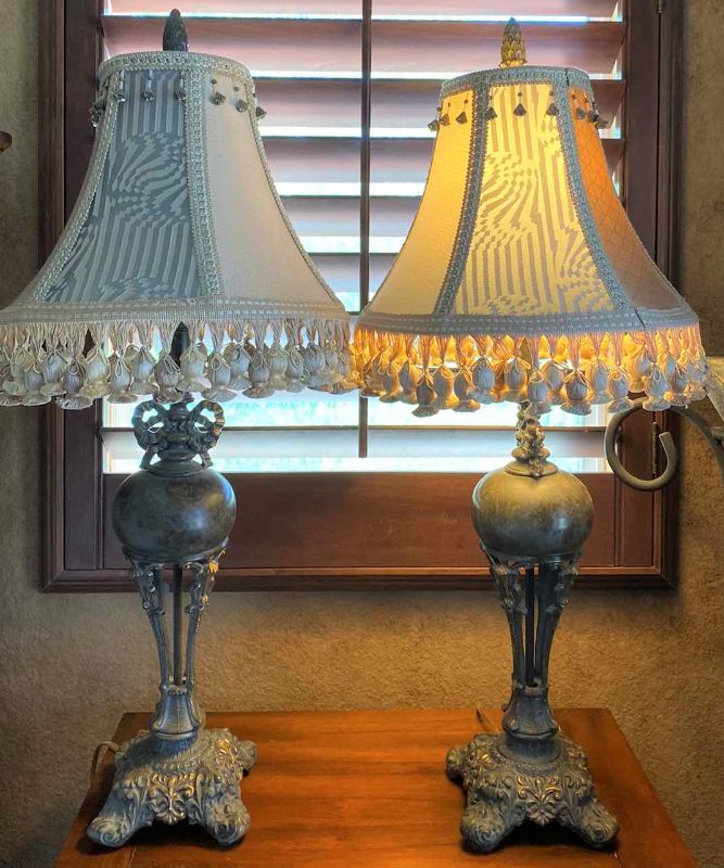 Photo 1 of PAIR OF HEAVY METAL TABLE LAMPS WITH FABRIC SHADES H34”