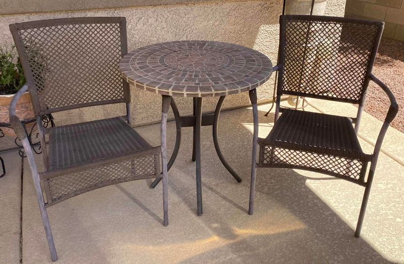 Photo 1 of 3-PIECE PATIO CAFE SET WITH WOVEN CHAIRS TABLE 28“ x 28 1/2“