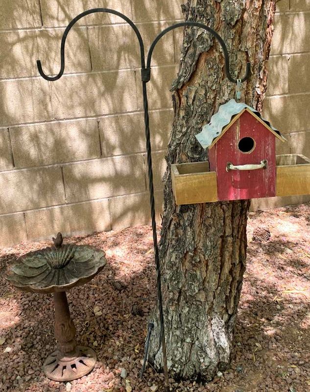 Photo 1 of BIRD HOUSE  13 1/2“ x 10“SHEPARD HOOK 41 1/2 inches AND SMALL BIRD BATH 12” x 14”