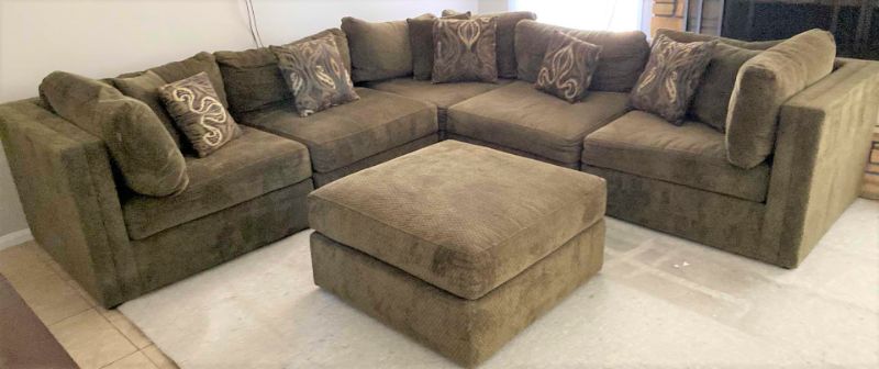 Photo 1 of 10‘ x 10‘ SECTIONAL OLIVE GREEN FABRIC SOFA AND OTTOMAN 3‘ x 3‘