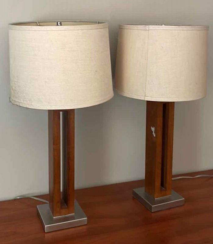 Photo 1 of PAIR TABLE LAMPS 28”WOOD METAL  BASE