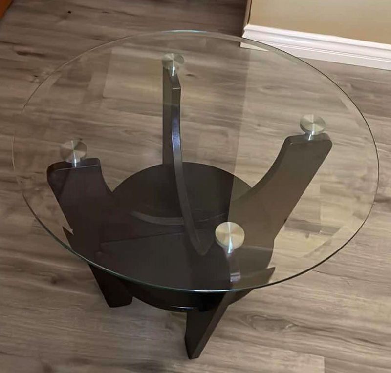 Photo 1 of DARK WOOD GLASS TOP END TABLE 28”x 24”