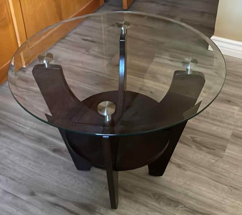 Photo 1 of DARK WOOD GLASS TOP END TABLE 28”x 24”H