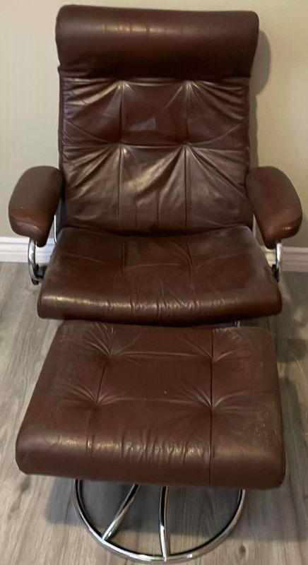 Photo 1 of VINTAGE MID CENTURY MODERN EKORNES LEATHER CHAIR W METAL BASE  MCM 32”x 24”x 41”H AND OTTOMAN 22”x18”x15”H 