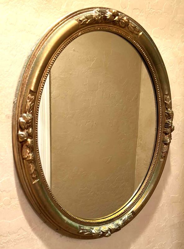 Photo 1 of GOLD OVAL MIRROR WITH GREEN PATINA 18” x 21