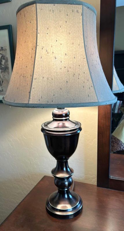 Photo 1 of 32” TABLE TOP METAL LAMP WITH BEIGE SPECKED SHADE
