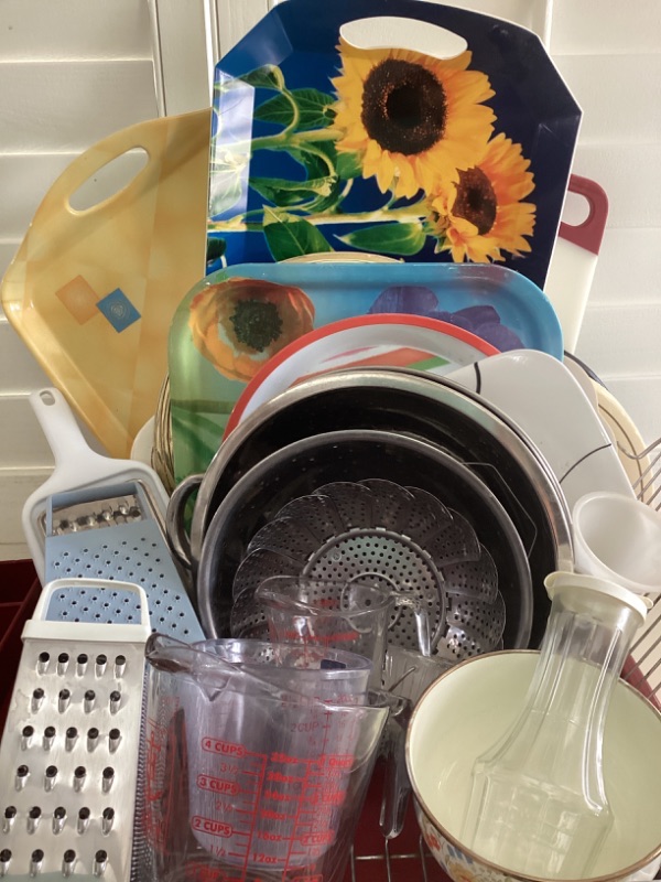 Photo 1 of KITCHEN AID DISH DRAIN, ANCHOR HOCKING MEASURING CUPS, GRATERS, STEAMER, BOWLS & MORE