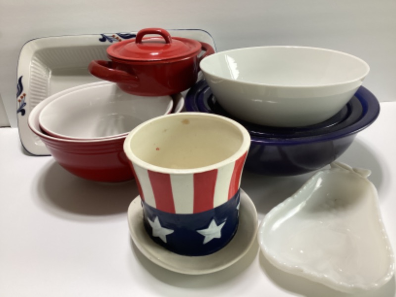Photo 1 of DANSK BISTRO RECTANGULAR SERVE-WARE AND ASSORTED RED WHITE & BLUE BOWLS & MORE