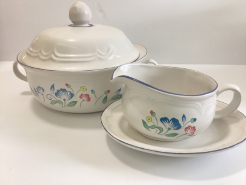 Photo 1 of FLORAL EXPRESSIONS- THAILAND 
9” COVERED CASSEROLE & GRAVY BOAT WITH BASE