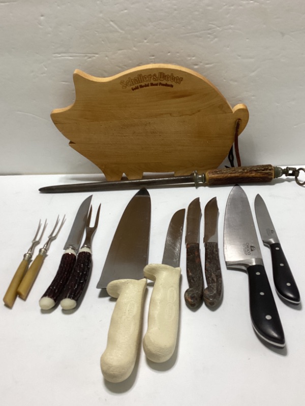 Photo 1 of ASSORTED CARVING KNIVES & SHARPENING STEEL, CUTTING BOARD & SOME VINTAGE- CHICAGO CUTLERY, DEXTER RUSSELL & MORE
