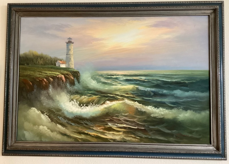 Photo 1 of LIGHTHOUSE BY THE SEA OIL ON CANVAS PAINTING SIGNED BY ARTIST 29 x 41