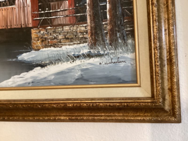 Photo 2 of FRAMED SIGNED K. MICHAELSON OIL PAINTING COVERED BRIDGE BARN RIVER WINTER SCENE 25 x 21