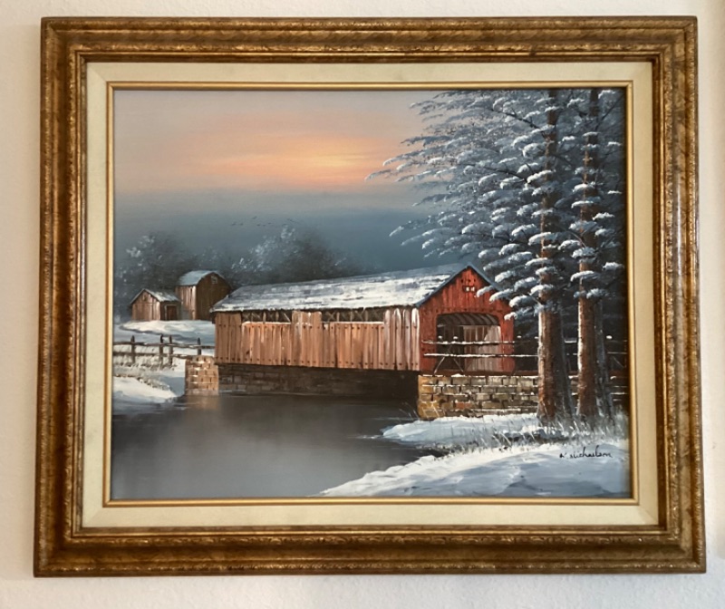 Photo 1 of FRAMED SIGNED K. MICHAELSON OIL PAINTING COVERED BRIDGE BARN RIVER WINTER SCENE 25 x 21