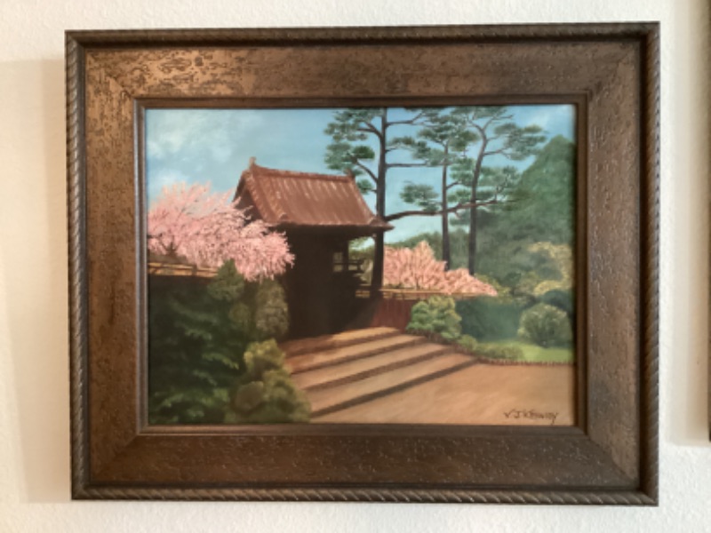 Photo 1 of CHERRY BLOSSOM JAPAN HOUSE OIL ON CANVAS PAINTING SIGNED BY ARTIST 21 x 17