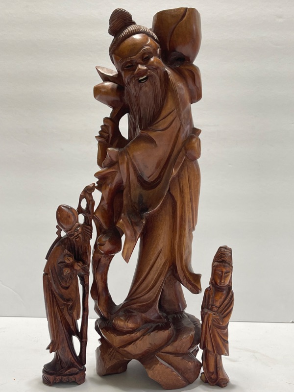 Photo 1 of ANTIQUE CHINESE HAND CARVED WOOD STATUE OF SHOU LAO LONGEVITY CRANE 1900s