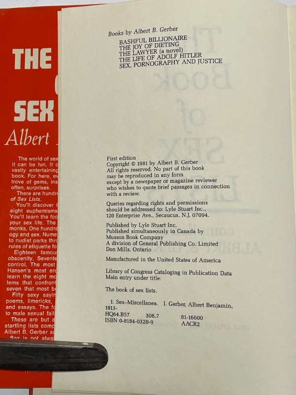 Photo 3 of FIRST EDITION THE BOOK OF SEX LISTS BY ALBERT B GERBER