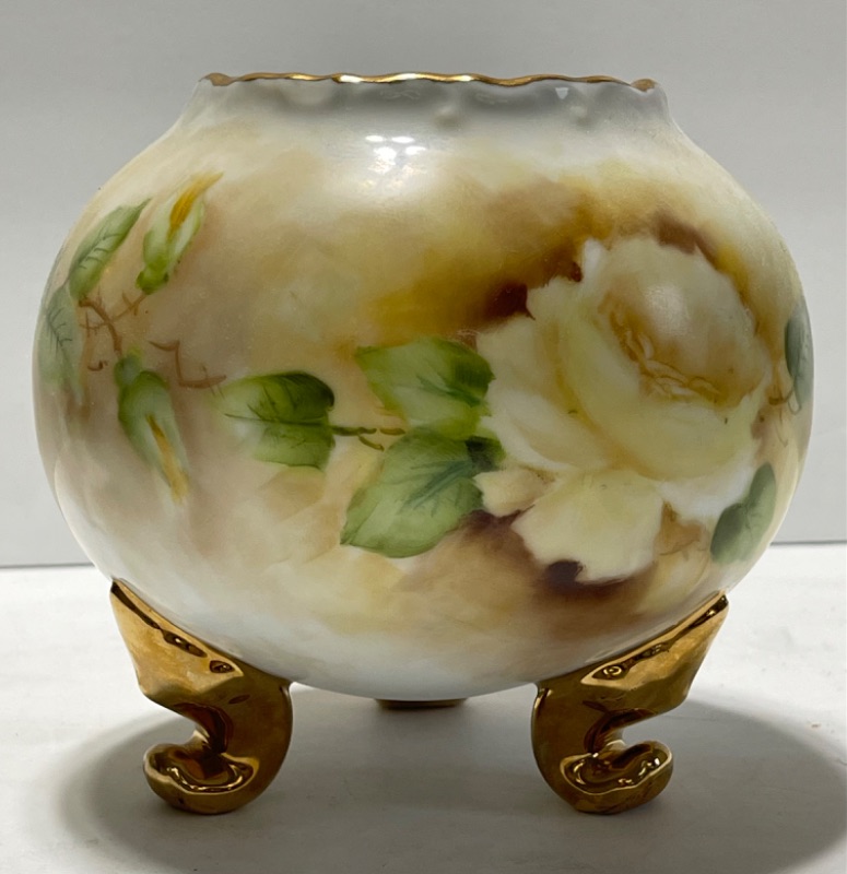 Photo 2 of HAND PAINTED FOOTED VASE NEW YORK STATE SOUTHERN TIER PORCELAIN