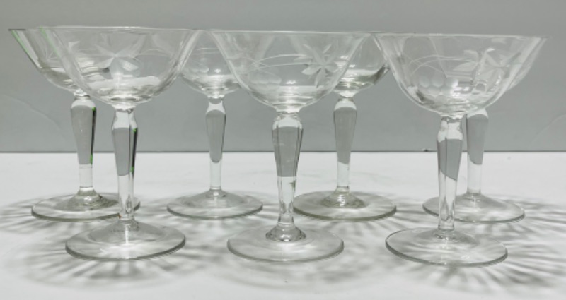 Photo 1 of 7-MID CENTURY ETCHED CHAMPAGNE COUPE COCKTAIL GLASSES