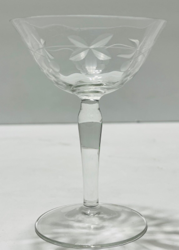 Photo 2 of 7-MID CENTURY ETCHED CHAMPAGNE COUPE COCKTAIL GLASSES