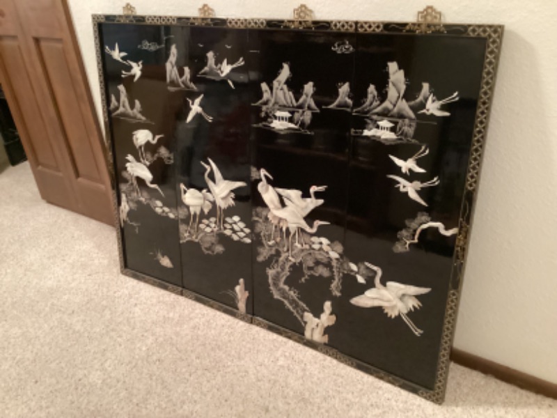 Photo 2 of MID CENTURY ASIAN WALL PANELS MOTHER OF PEARL & BLACK LACQUER 48”x36”