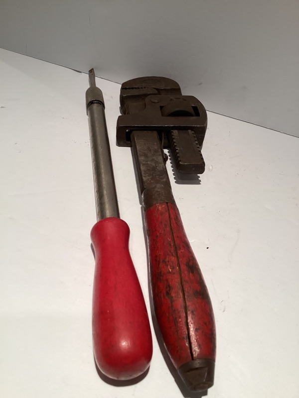 Photo 1 of ANTIQUE WOODEN HANDLED TOOLS