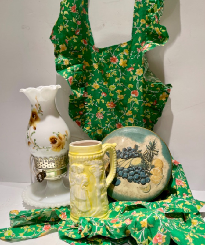 Photo 1 of VINTAGE APRONS, HURRICANE LAMP & MORE