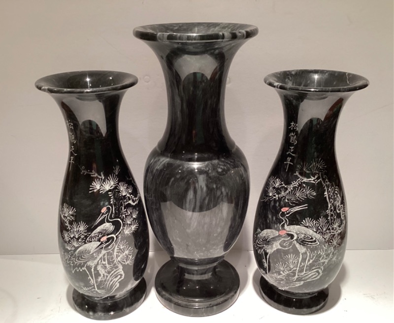 Photo 1 of ASIAN ETCHED MARBLE VASE TRIO AND A FEW IMPERFECTIONS SEE PHOTOS