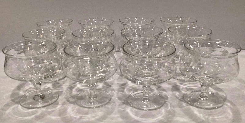 Photo 1 of VINTAGE  ETCHED GLASS HAND BLOWN SHRIMP COCKTAIL GLASSES SET OF 12- MORE OF THIS COLLECTION IN AUCTION