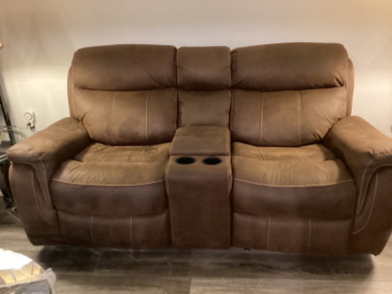 Photo 1 of BROWN LEATHER LOVESEAT RECLINER.-ADDITIONAL PIECES TO THIS SET IN AUCTION 