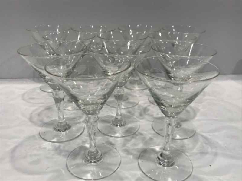 Photo 1 of VINTAGE  ETCHED GLASS HAND BLOWN MARTINI GLASSES SET OF 12 - MORE OF THIS COLLECTION IN AUCTION 