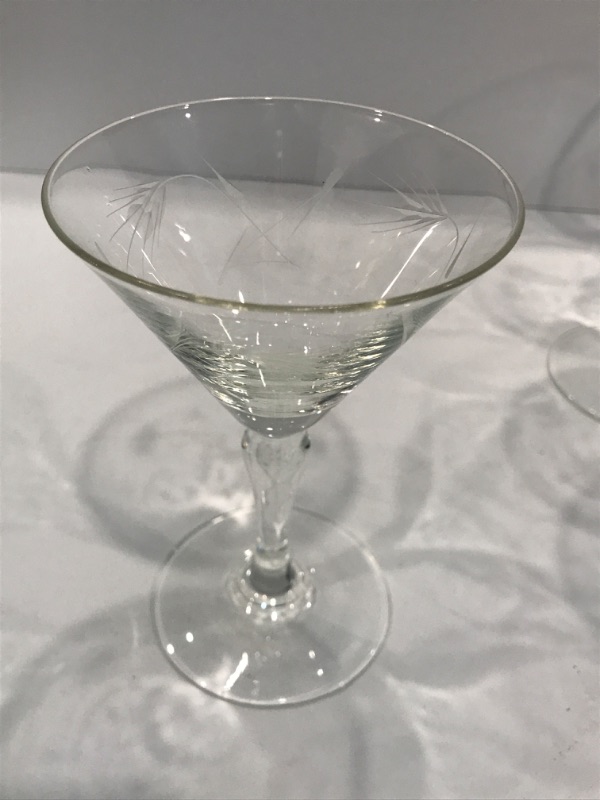 Photo 1 of VINTAGE  ETCHED GLASS HAND BLOWN MARTINI GLASSES SET OF 12 - MORE OF THIS COLLECTION IN AUCTION 
