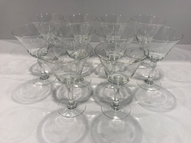 Photo 1 of ETCHED GLASS  TULIP WINE GLASSES- SET OF 12 -MORE PIECES TO THIS SET AVAILABLE IN AUCTION