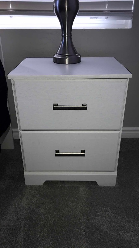 Photo 1 of  2 ASHLEY FURNITURE DESIGNS STELSIE 2 DRAWER NIGHTSTANDS 20”x16”x24- MORE OF THIS COLLECTION IN AUCTION - BUYER TO REMOVE FROM SECOND FLOOR- HEAVY- BRING HELP! 