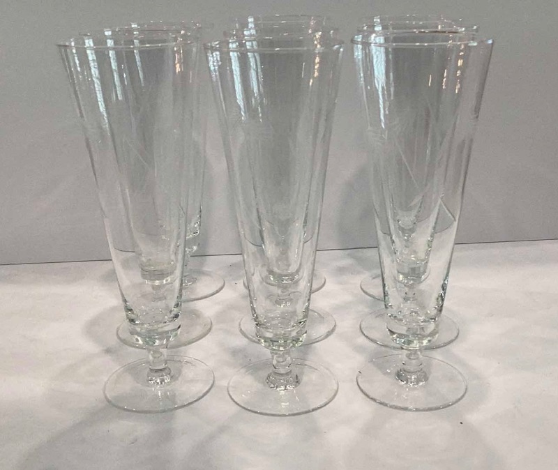 Photo 1 of VINTAGE  ETCHED GLASS HAND BLOWN PILSNER BEER GLASSES SET OF 9- MORE OF THIS COLLECTION IN AUCTION