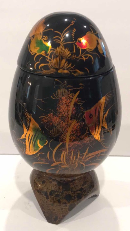 Photo 1 of VINTAGE VIETNAM BLACK ENAMEL ART DECO EGG VASE WITH REMOVABLE LID. 