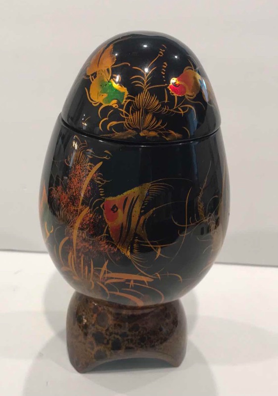 Photo 3 of VINTAGE VIETNAM BLACK ENAMEL ART DECO EGG VASE WITH REMOVABLE LID. 