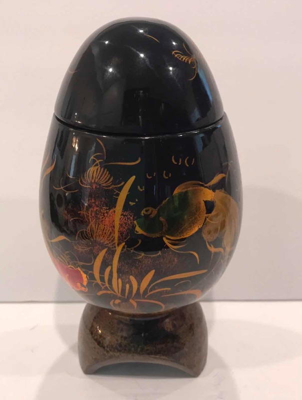 Photo 2 of VINTAGE VIETNAM BLACK ENAMEL ART DECO EGG VASE WITH REMOVABLE LID. 