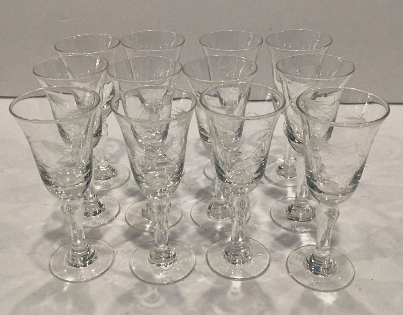 Photo 1 of VINTAGE ETCHED GLASS HAND BLOWN SHOT GLASSES SET OF 12 - MORE OF THIS COLLECTION IN AUCTION 